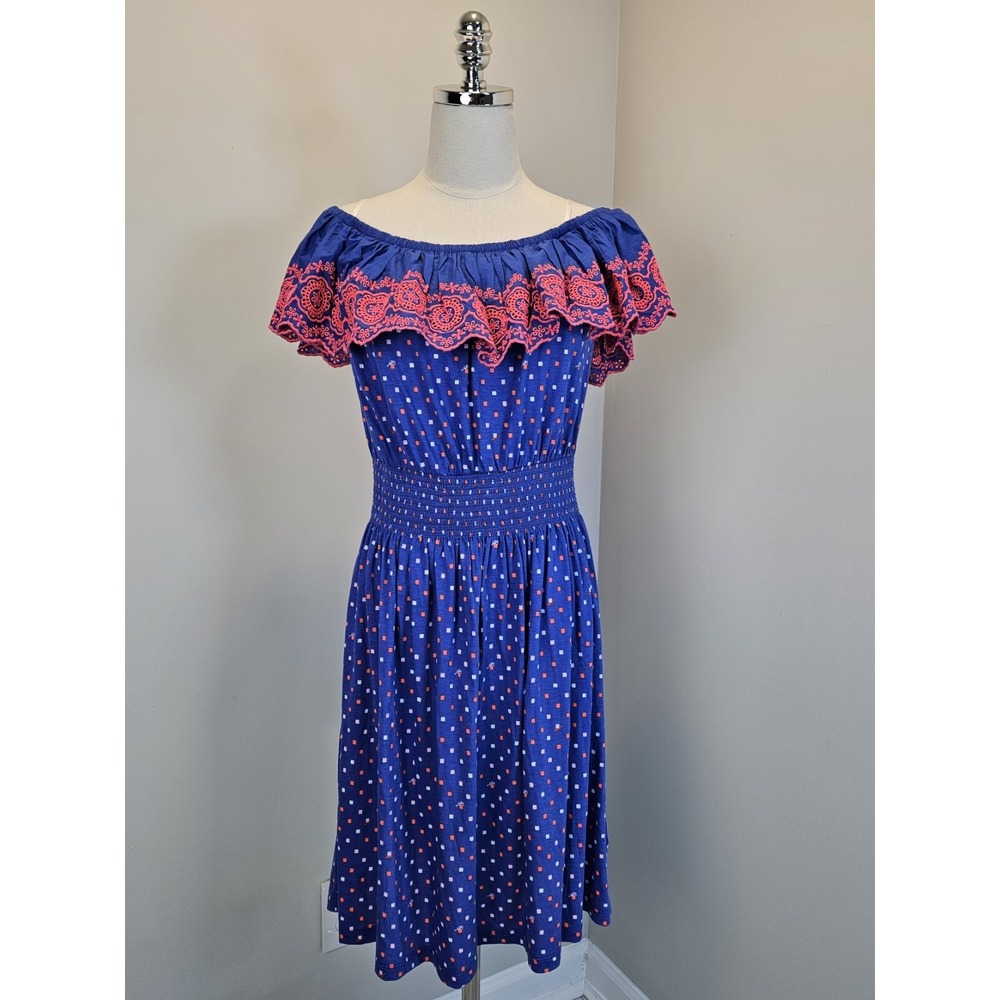 Lilly Pulitzer Blue Pink Embroidered Off Shoulder Smocked Waist Dress L